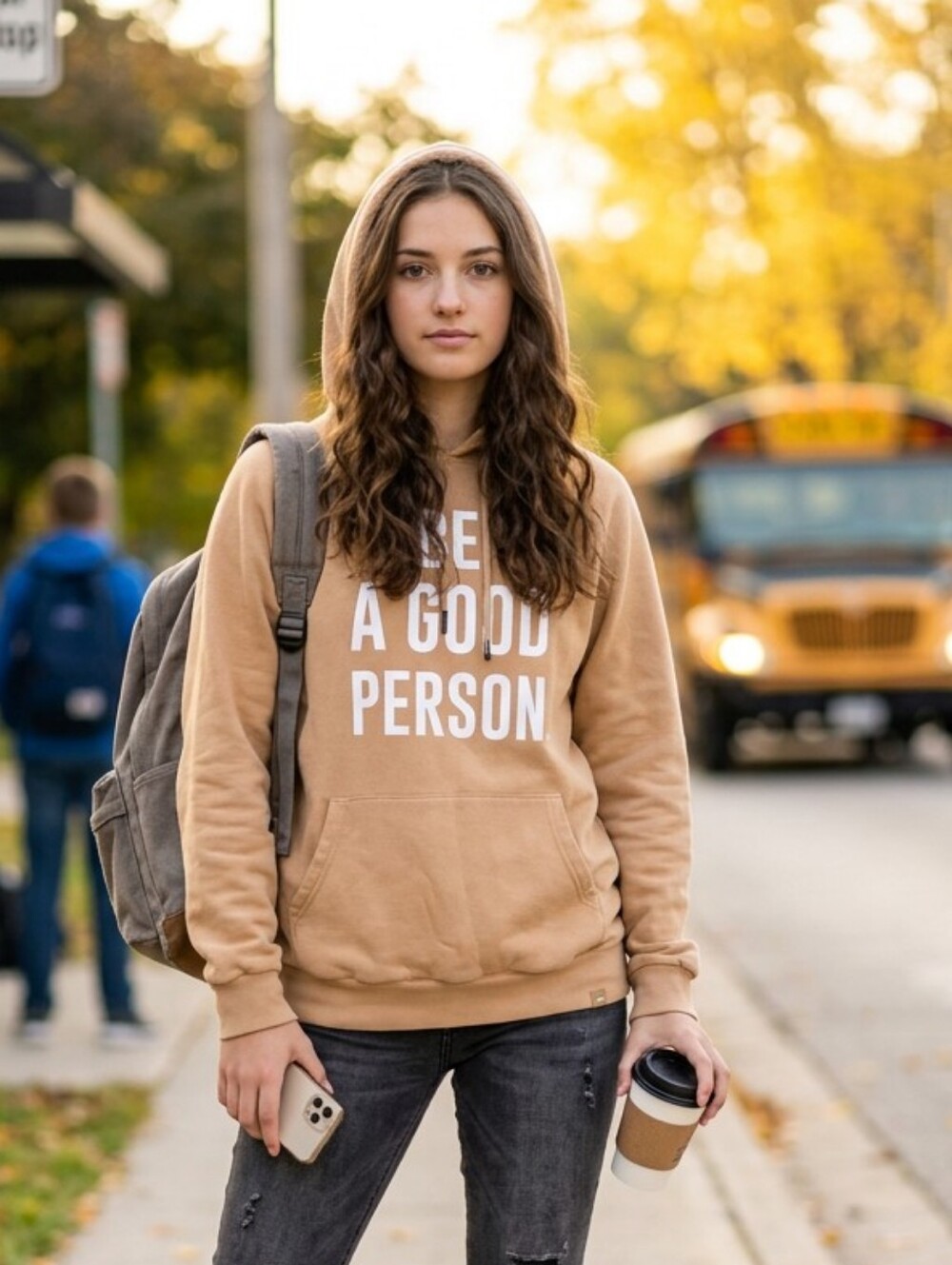 Be A Good Person Tan Cotton Blend Pullover Hoodie With Pockets